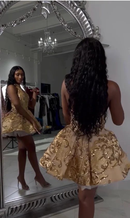 Cute A line Halter Sequin Short Gold Homecoming Dress P2267 - Image 5