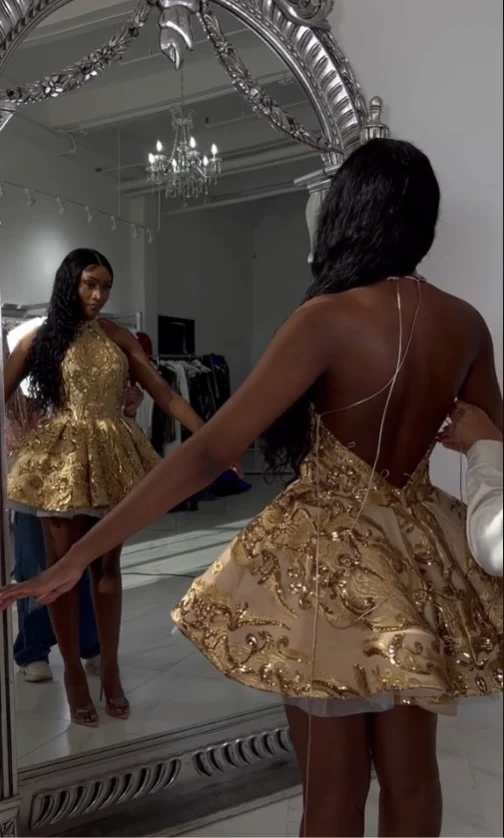 Cute A line Halter Sequin Short Gold Homecoming Dress P2267 - Image 6