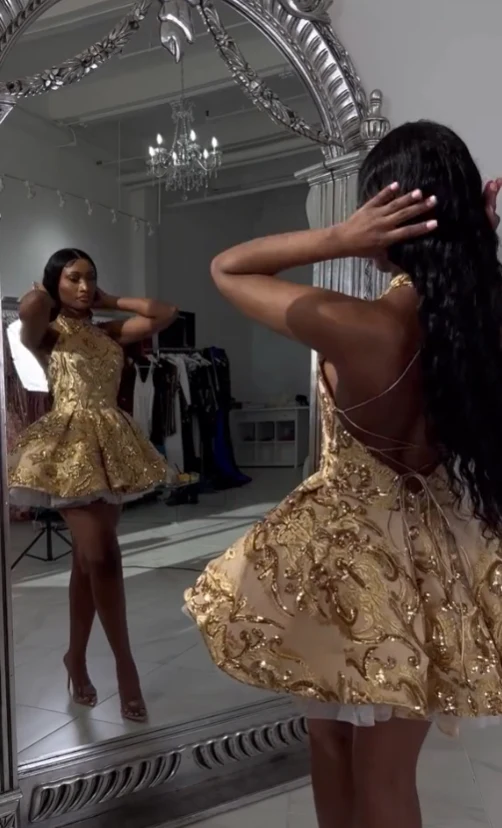 Cute A line Halter Sequin Short Gold Homecoming Dress P2267 - Image 7
