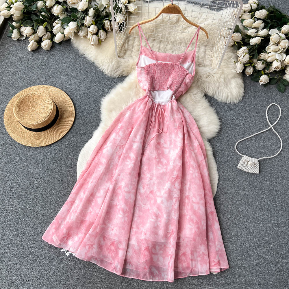 Cute A line Sleeveless Straps Backless Summer Pink Holiday Dress P240 - Image 3