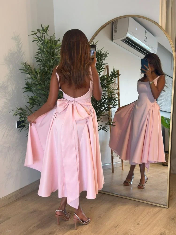 Cute A line Straps Pink Satin Tea Length Prom Dress With Bow P2416 - Image 4