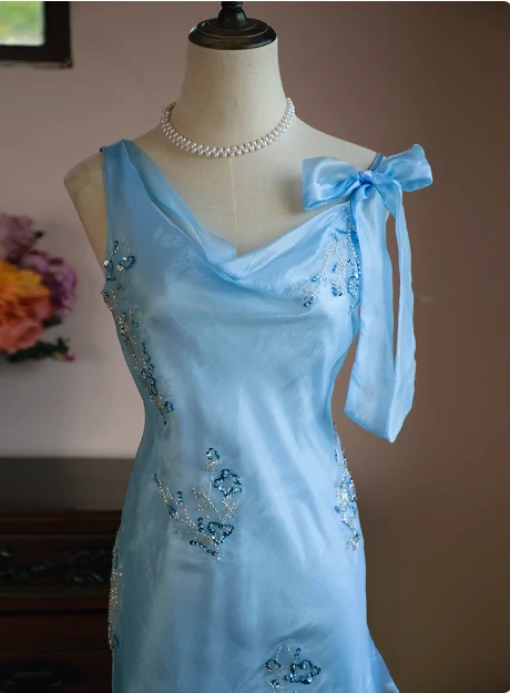 Cute Blue Beaded Ruffled Collar Birthday Party Homecoming Dress P3483 - Image 2