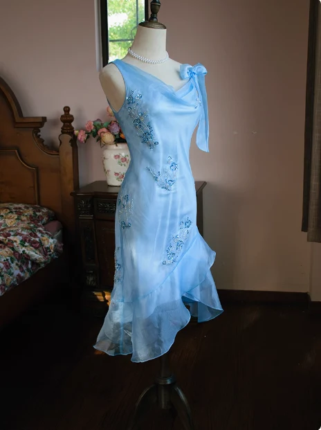 Cute Blue Beaded Ruffled Collar Birthday Party Homecoming Dress P3483 - Image 4