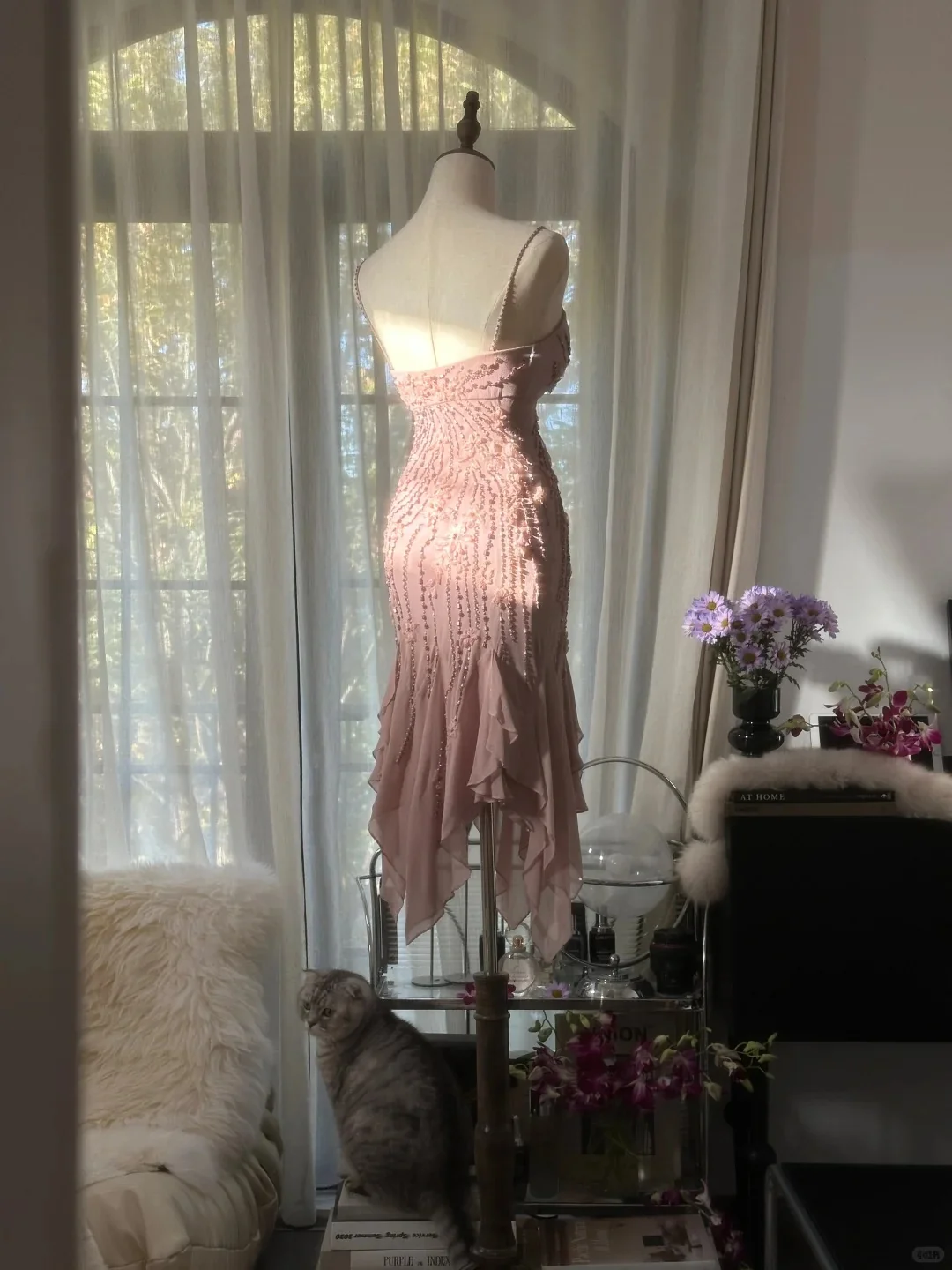 Cute Cherry Blossom Pink Beaded Chiffon Irregular Hem Prom Dress P3335 - Image 4