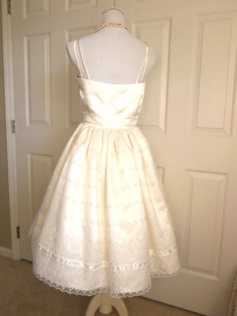 Cute Ivory Strappy Satin Lace Trim A-line Birthday Dress Homecoming Dress P3920 - Image 5
