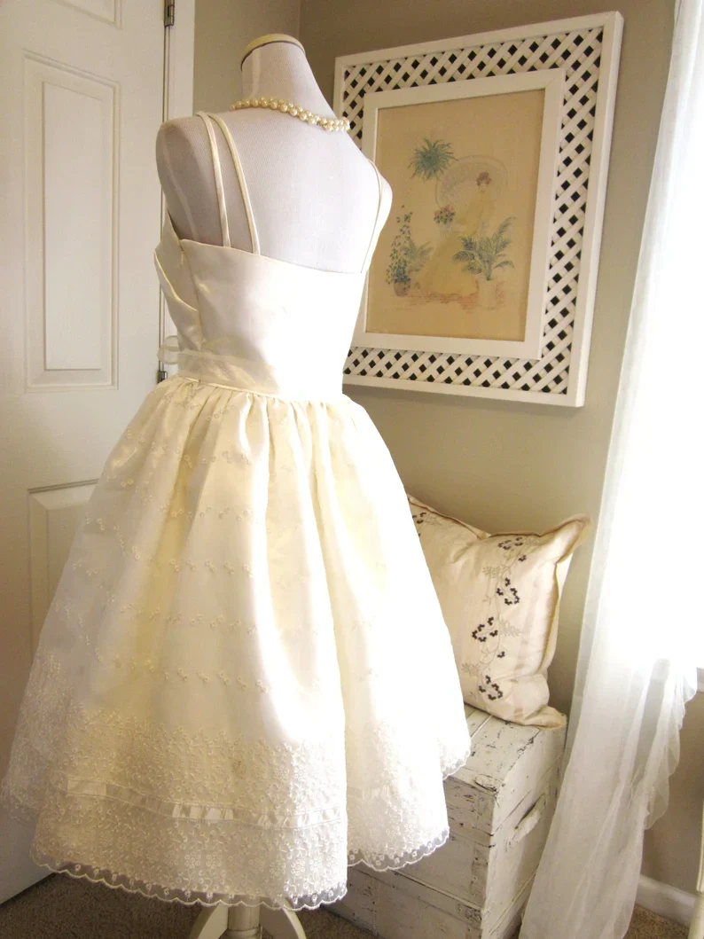 Cute Ivory Strappy Satin Lace Trim A-line Birthday Dress Homecoming Dress P3920 - Image 6