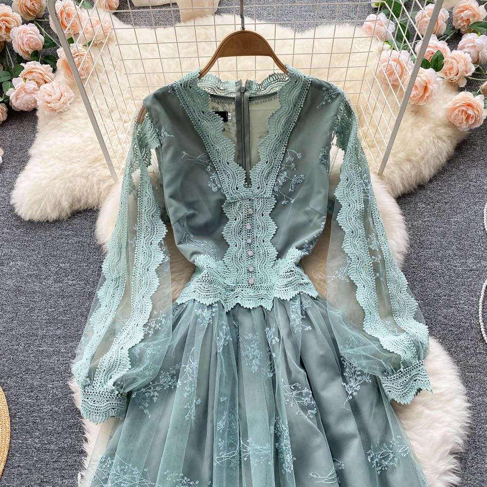 Cute long sleeves lace v neckline dress women's dress P106 - Image 4