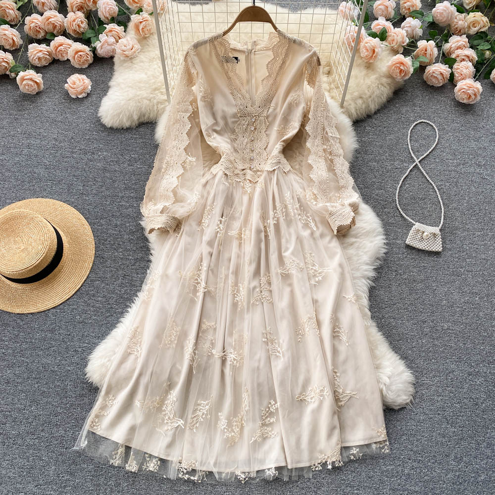 Cute long sleeves lace v neckline dress women's dress P106 - Image 6