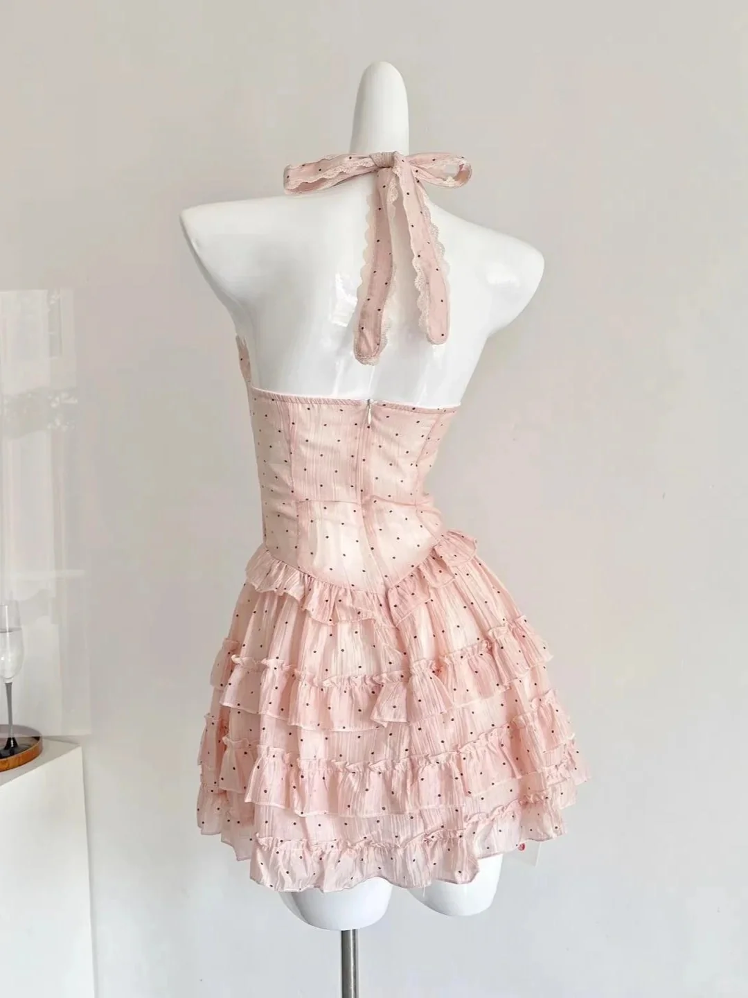 Cute Pink Polka Dot Halter Neck A-Line Mini 16th Birthday Homecoming Dress P3533 - Image 2