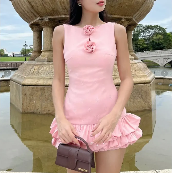 Cute Pink Sleeveless 3D Flower Bud Skirt Mini 16th Birthday Homecoming Dress P3515 - Image 2