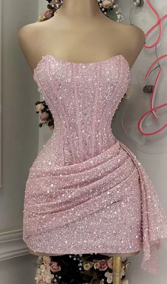 Cute Pink Sleeveless Sequined Slim Fit Hip 17th Birthday Homecoming Dress P3778 - Image 2
