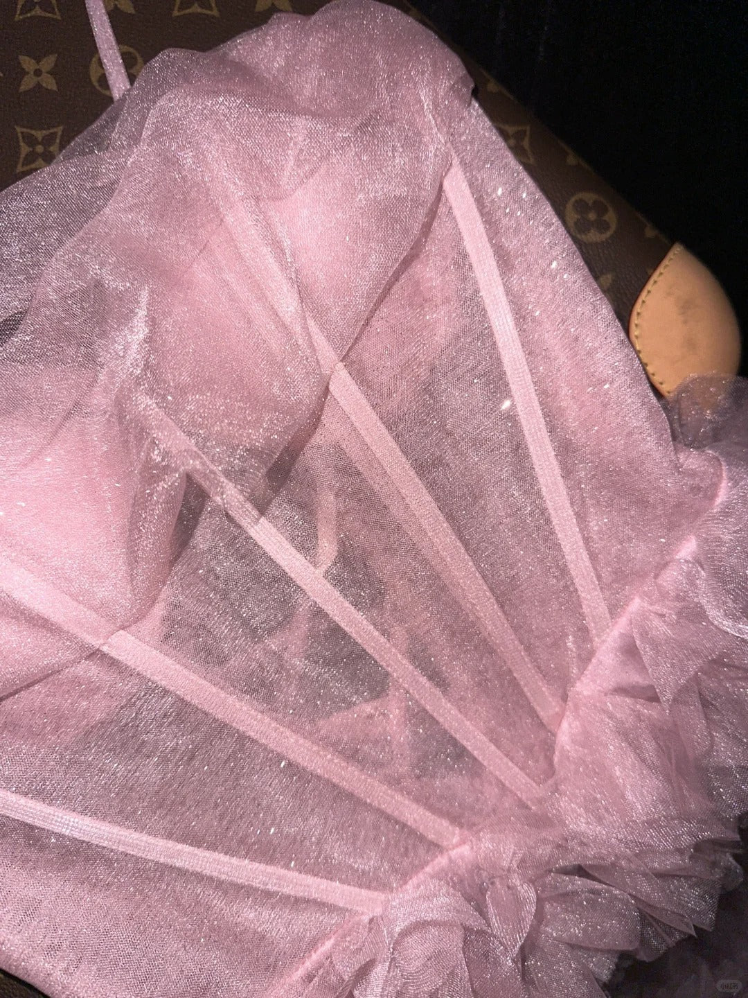 Cute Pink Spaghetti Strap Glitter Tulle Herringbone Puffy Prom Dress P3456 - Image 3
