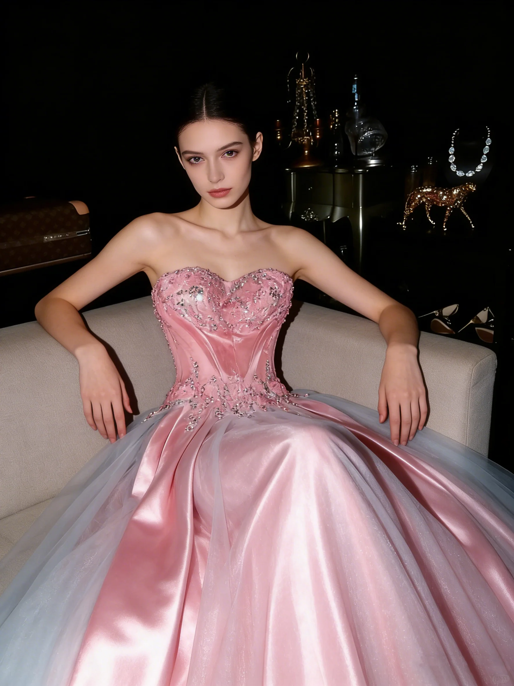 Cute Pink Strapless Beaded Tulle Princess Prom Dress P3454 - Image 2