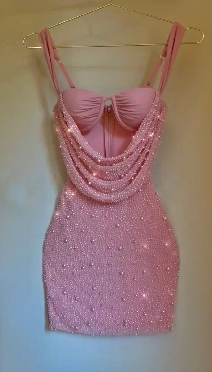 Cute Pink Suspender Hollow Beaded Hip-hugging 17th Birthday Homecoming Dress P3950 - Image 2