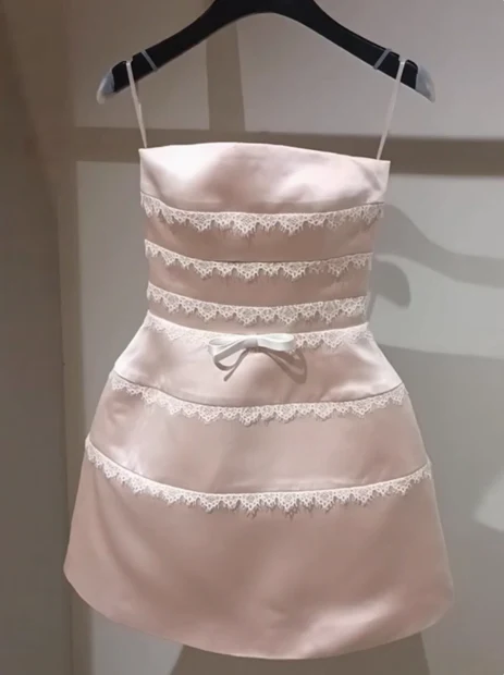 Cute Pink Suspender Satin Lace 17th Birthday Homecoming Dress P3964 - Image 2