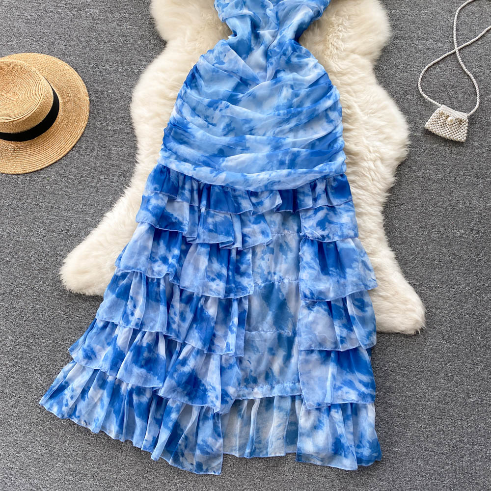 Cute Spaghetti Straps Long Blue Floral Dress Women Holiday Dress P234 - Image 6