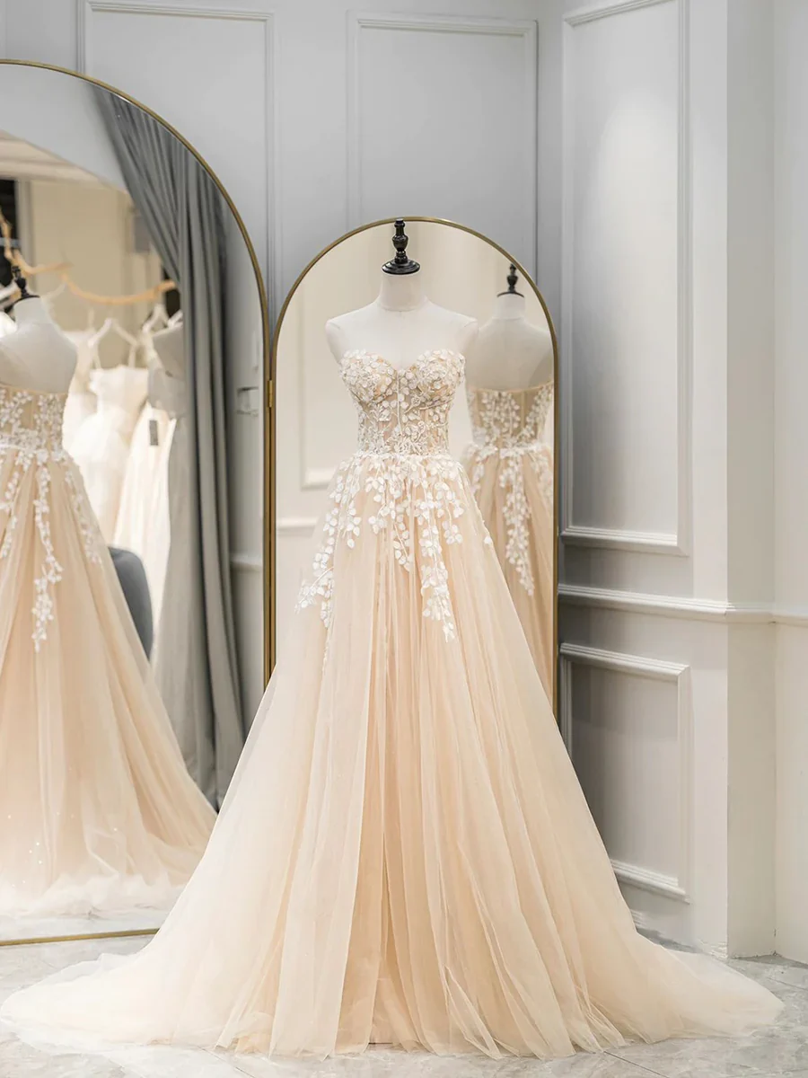 Cute Tulle Sweetheart Long Party Dress with Lace Prom Dress P674 - Image 3