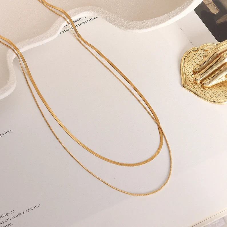 Dainty Snake Double layer Choker,Snake Chain Necklace,Herringbone Necklace,Gold Double Chain,Omega Chain Necklace,Thin Chain Necklace E020 - Image 8