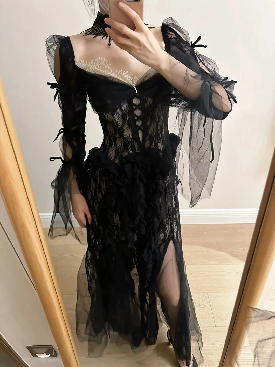 Dark Vintage Black Long Sleeve High-Slit Lace Tulle Prom Dress Evening Dress P4257 - Image 4