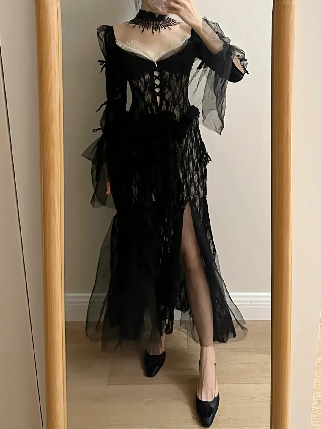 Dark Vintage Black Long Sleeve High-Slit Lace Tulle Prom Dress Evening Dress P4257 - Image 5