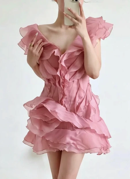 Design Ruffled V-neck One-shoulder Chiffon 17th Birthday Homecoming Dress P3729 - Image 4