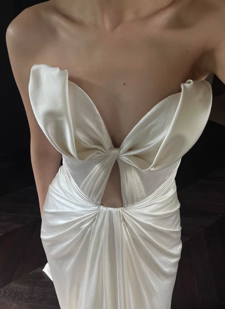 Designer French off-shoulder heart-shaped neckline white satin mermaid wedding gown with train P2682 - Image 2