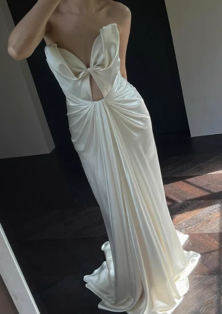 Designer French off-shoulder heart-shaped neckline white satin mermaid wedding gown with train P2682 - Image 3