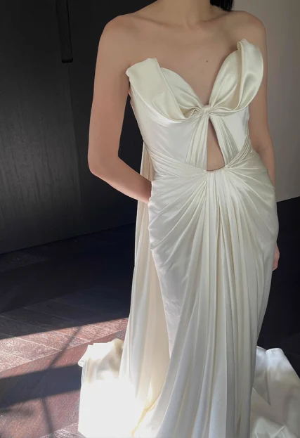 Designer French off-shoulder heart-shaped neckline white satin mermaid wedding gown with train P2682 - Image 4