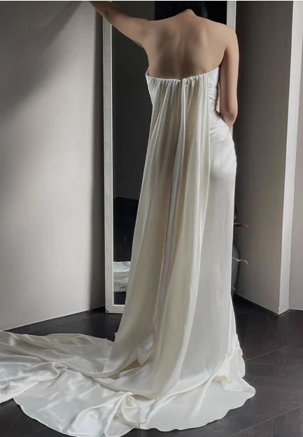 Designer French off-shoulder heart-shaped neckline white satin mermaid wedding gown with train P2682 - Image 5