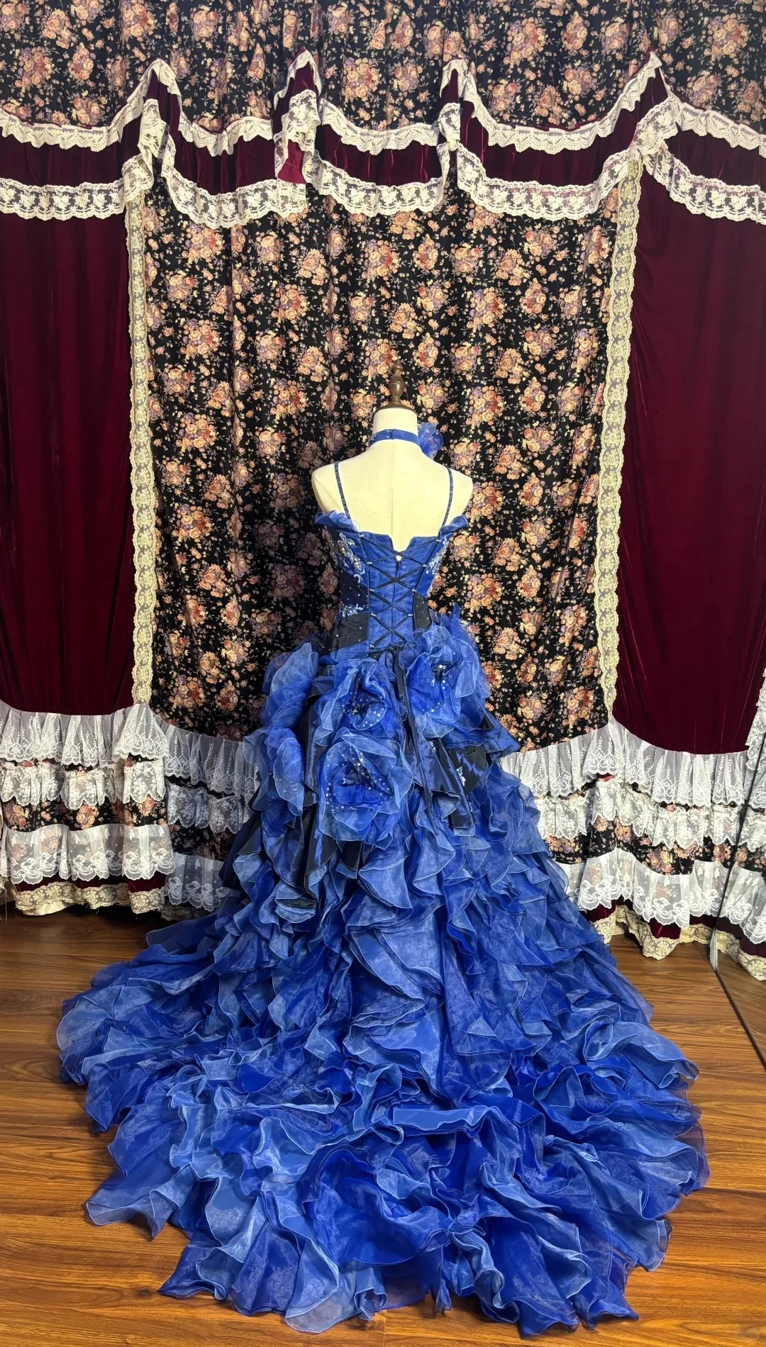 Dreamy Blue Embroidered Satin Tulle Big Wave Skirt Trailing Wedding Dress P3035 - Image 2