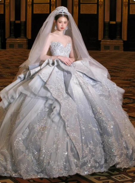 Dreamy Blue Gradient Off-the-shoulder Beaded Luxury Floor-length Wedding Dress P2518 - Image 2