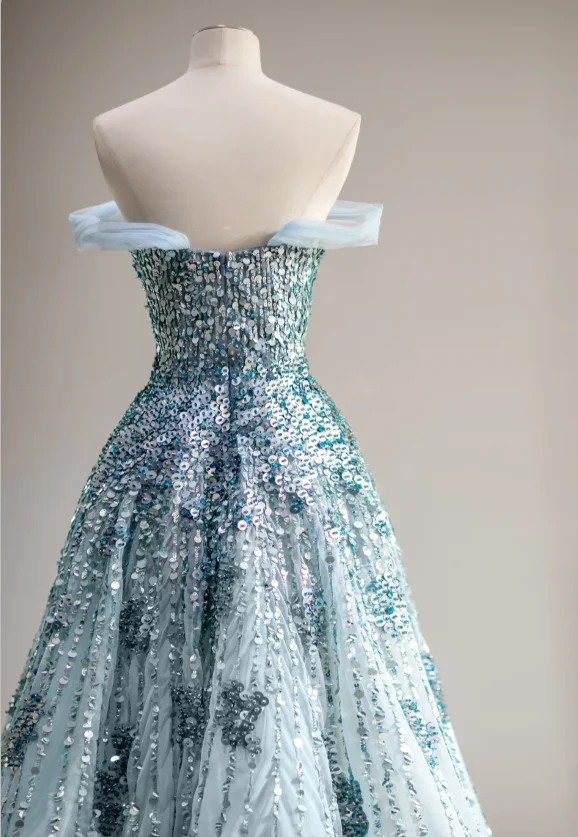Dreamy Blue Sequined Off-the-shoulder A-line Wedding Dress with Waist P2877 - Image 4