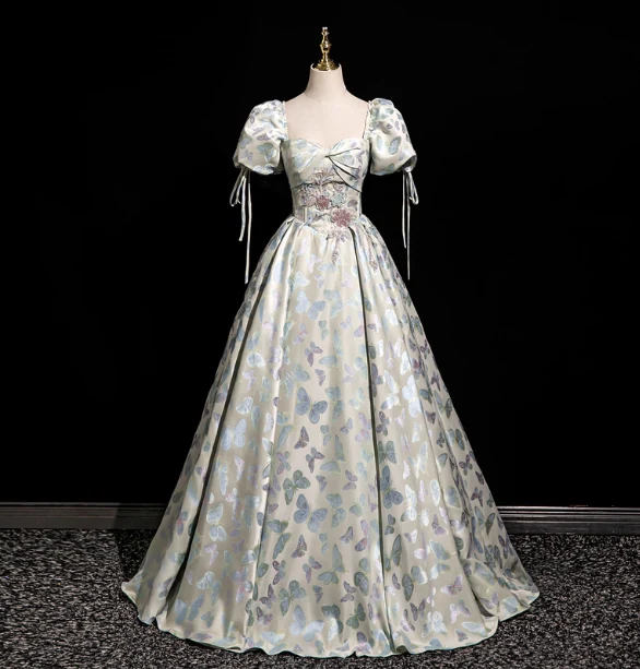 Dreamy Butterfly Jacquard Square Neck Puff Sleeve Satin Long Ball Gown Evening Dress Sweet 16 Dress P4417 - Image 2