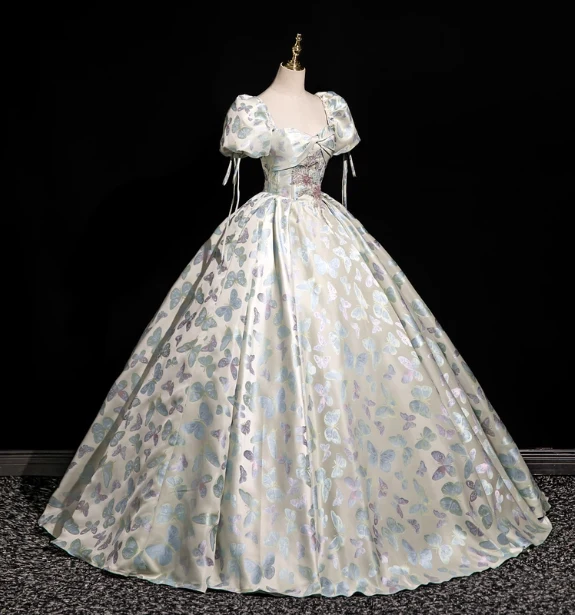 Dreamy Butterfly Jacquard Square Neck Puff Sleeve Satin Long Ball Gown Evening Dress Sweet 16 Dress P4417 - Image 3