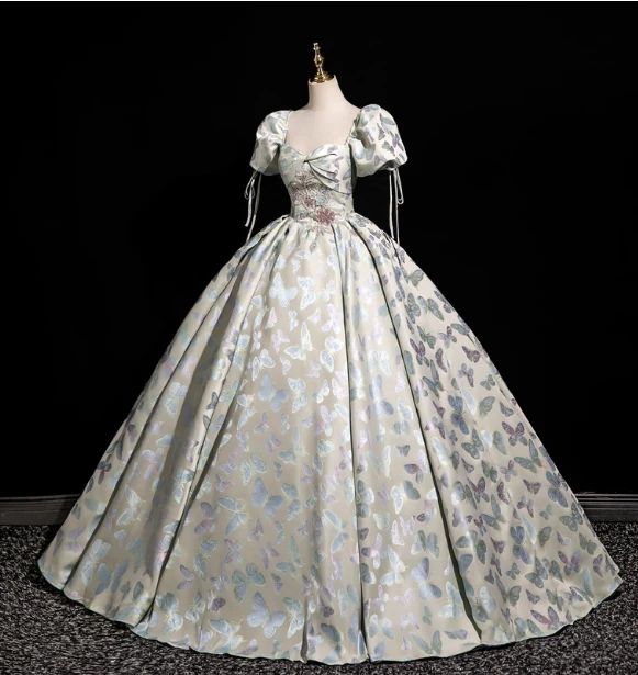 Dreamy Butterfly Jacquard Square Neck Puff Sleeve Satin Long Ball Gown Evening Dress Sweet 16 Dress P4417 - Image 4