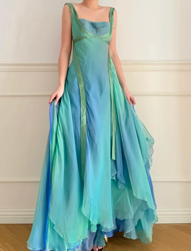 Dreamy Cyan Blue Gradient Square Neck Backless A-Line Chiffon Long Prom Dress Evening Dress P4880 - Image 2
