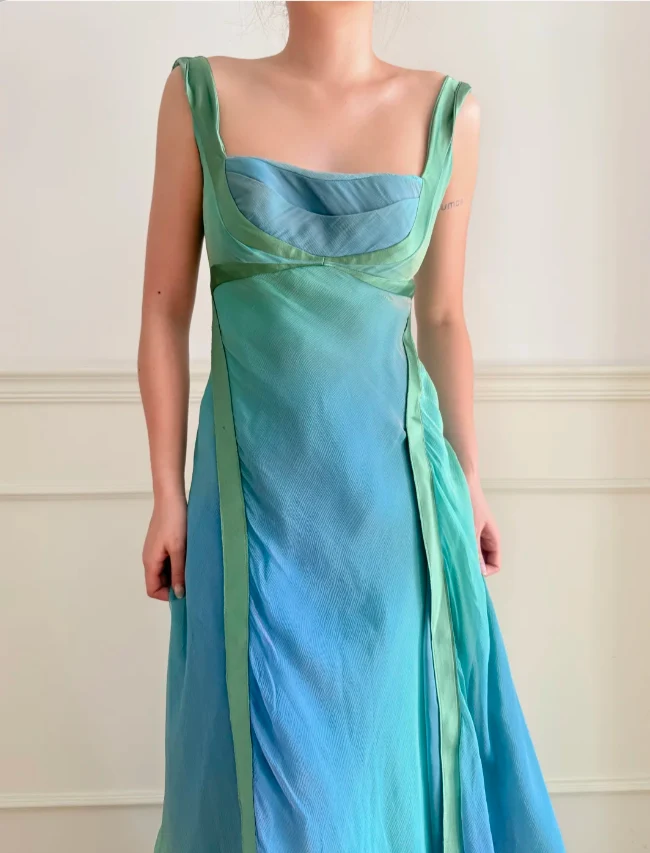 Dreamy Cyan Blue Gradient Square Neck Backless A-Line Chiffon Long Prom Dress Evening Dress P4880 - Image 7
