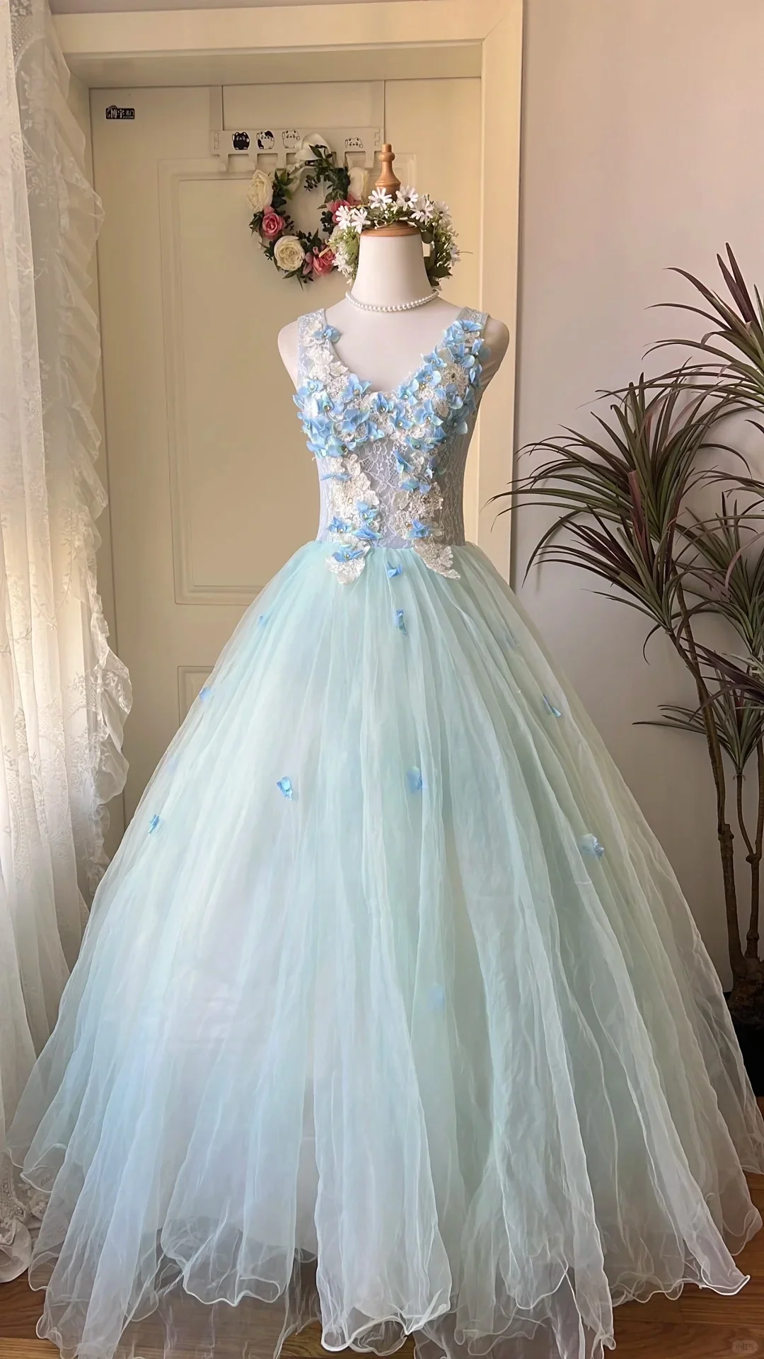 Dreamy Flower Fairy Light Blue 3D Floral V-Neck Tulle Ball Gown Evening Dress Wedding Dress P4202 - Image 2