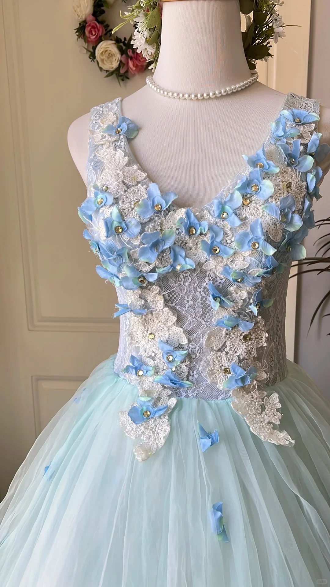 Dreamy Flower Fairy Light Blue 3D Floral V-Neck Tulle Ball Gown Evening Dress Wedding Dress P4202 - Image 3