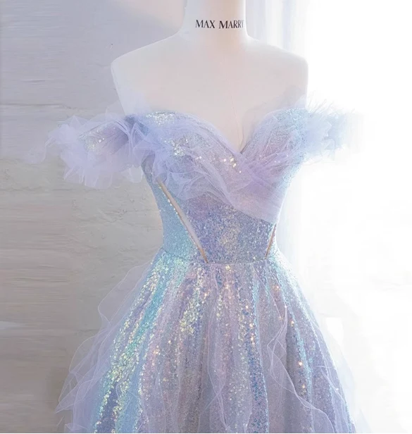 Dreamy Gradient Light Purple A-line Off-the-shoulder Iridescent Sequined Tulle Long Prom Dress Evening Dress P4473 - Image 2
