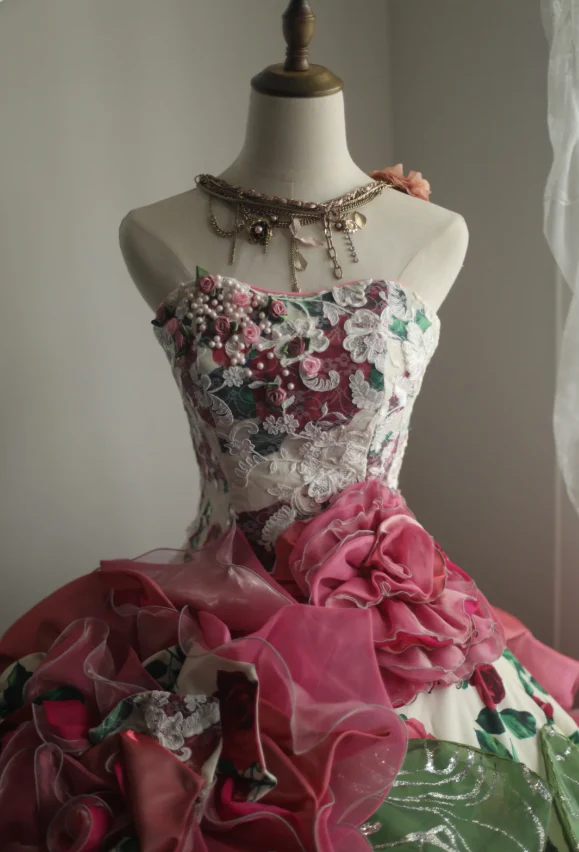 Dreamy Heavy Rose Printed Satin Handmade Flower Puffy Princess Wedding Dress P2853 - Image 5