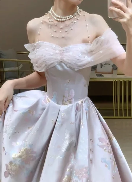 Dreamy Lavender Gray Pink A-Line Off-the-Shoulder Printed Satin Long Prom Dress Evening Dress P4370 - Image 3