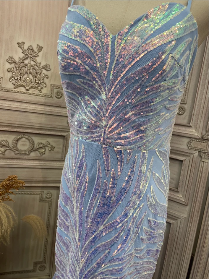 Dreamy Light Blue Ombre Mermaid Spaghetti Strap Iridescent Sequin Train Prom Dress Evening Dress P4347 - Image 5