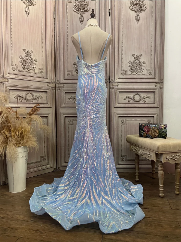 Dreamy Light Blue Ombre Mermaid Spaghetti Strap Iridescent Sequin Train Prom Dress Evening Dress P4347 - Image 7