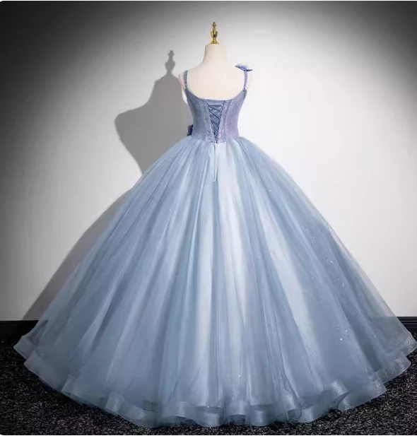 Dreamy Light Haze Blue Thin Strap 3D Floral Tulle Ball Gown Evening Dress Sweet 16 Dress P4394 - Image 5