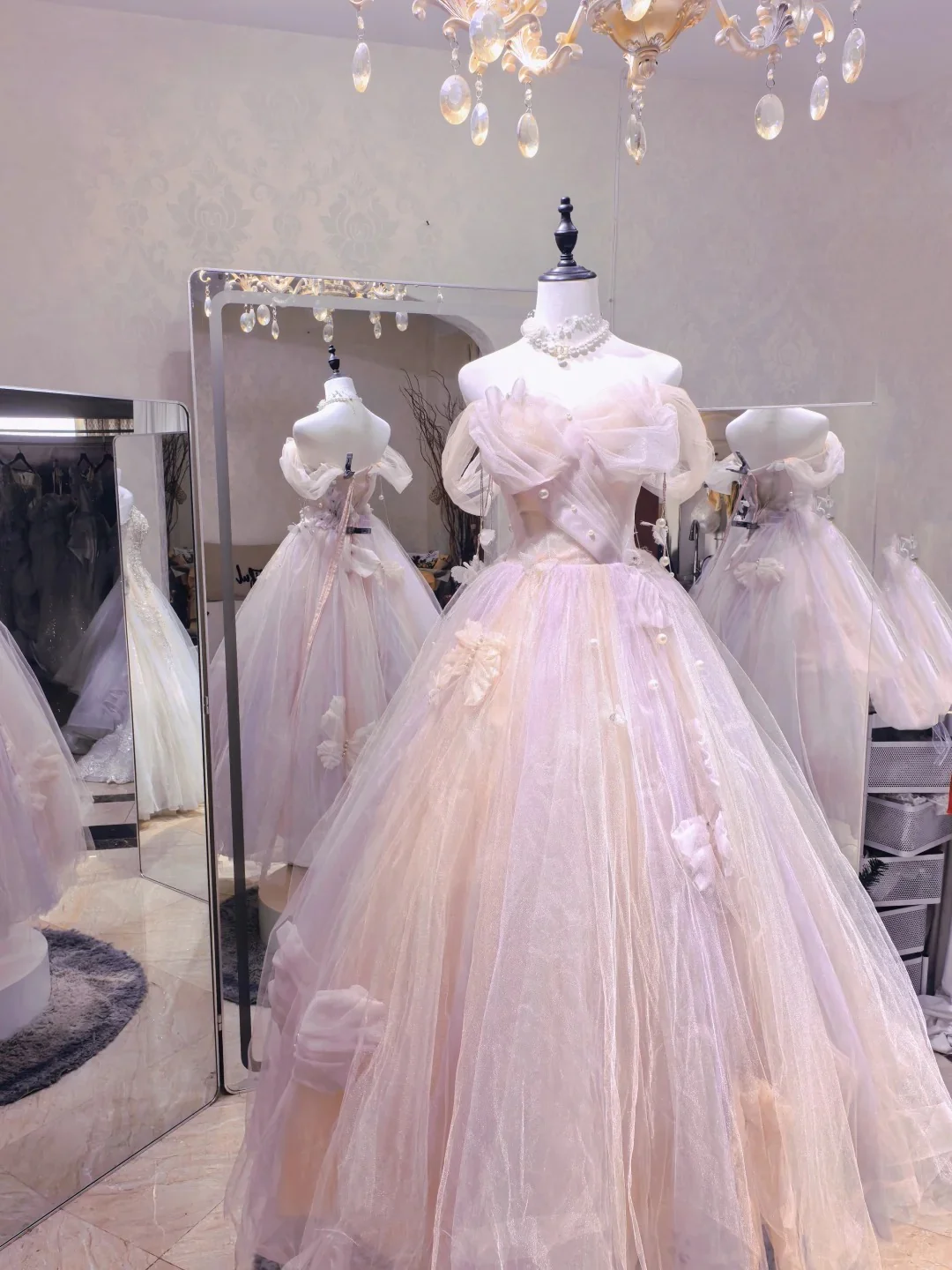 Dreamy Light Pink Off-shoulder Tulle Floor-Length Ball Gown Evening Dress P4132 - Image 2