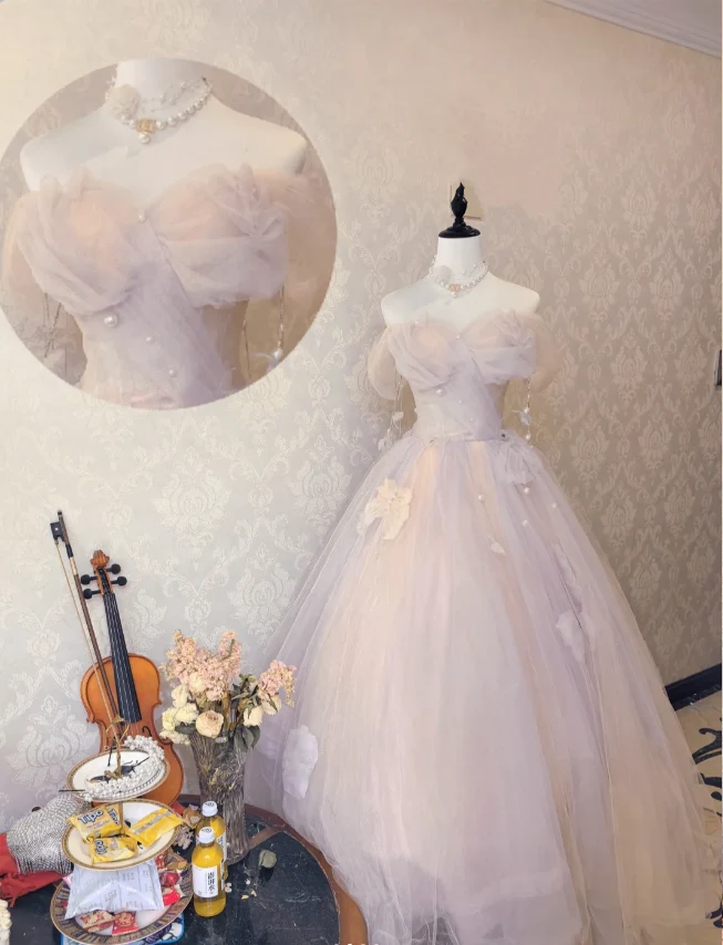 Dreamy Light Pink Off-shoulder Tulle Floor-Length Ball Gown Evening Dress P4132 - Image 3