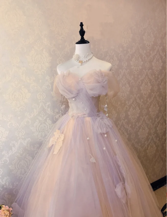 Dreamy Light Pink Off-shoulder Tulle Floor-Length Ball Gown Evening Dress P4132 - Image 4