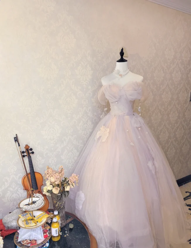 Dreamy Light Pink Off-shoulder Tulle Floor-Length Ball Gown Evening Dress P4132 - Image 5