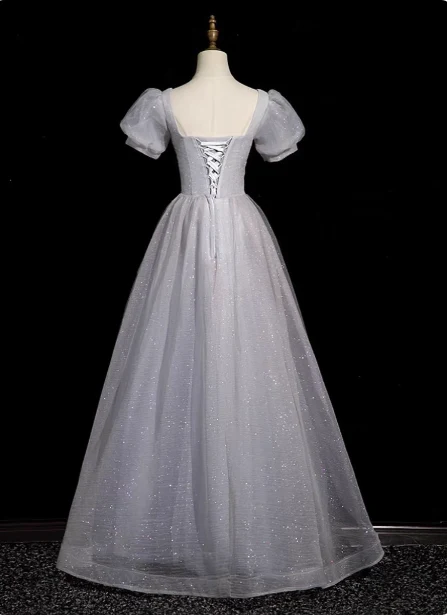 Dreamy Light Purple A-line Square Neck Short Sleeve Tulle Long Prom Dress Evening Dress P4582 - Image 2